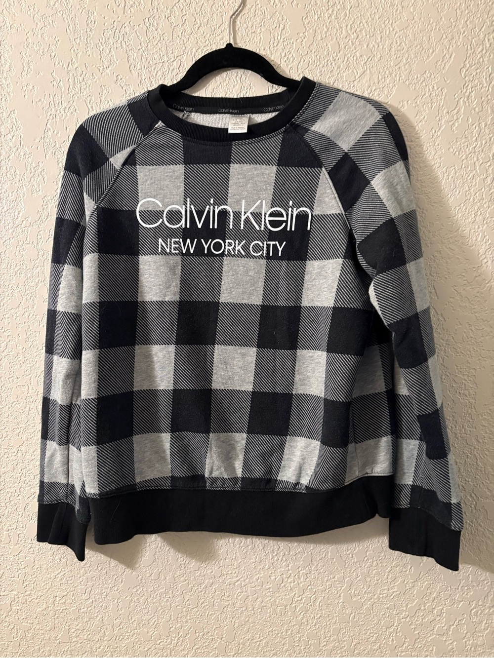 Calvin Klein Black & Gray Buffalo Plaid Crewneck Sweater